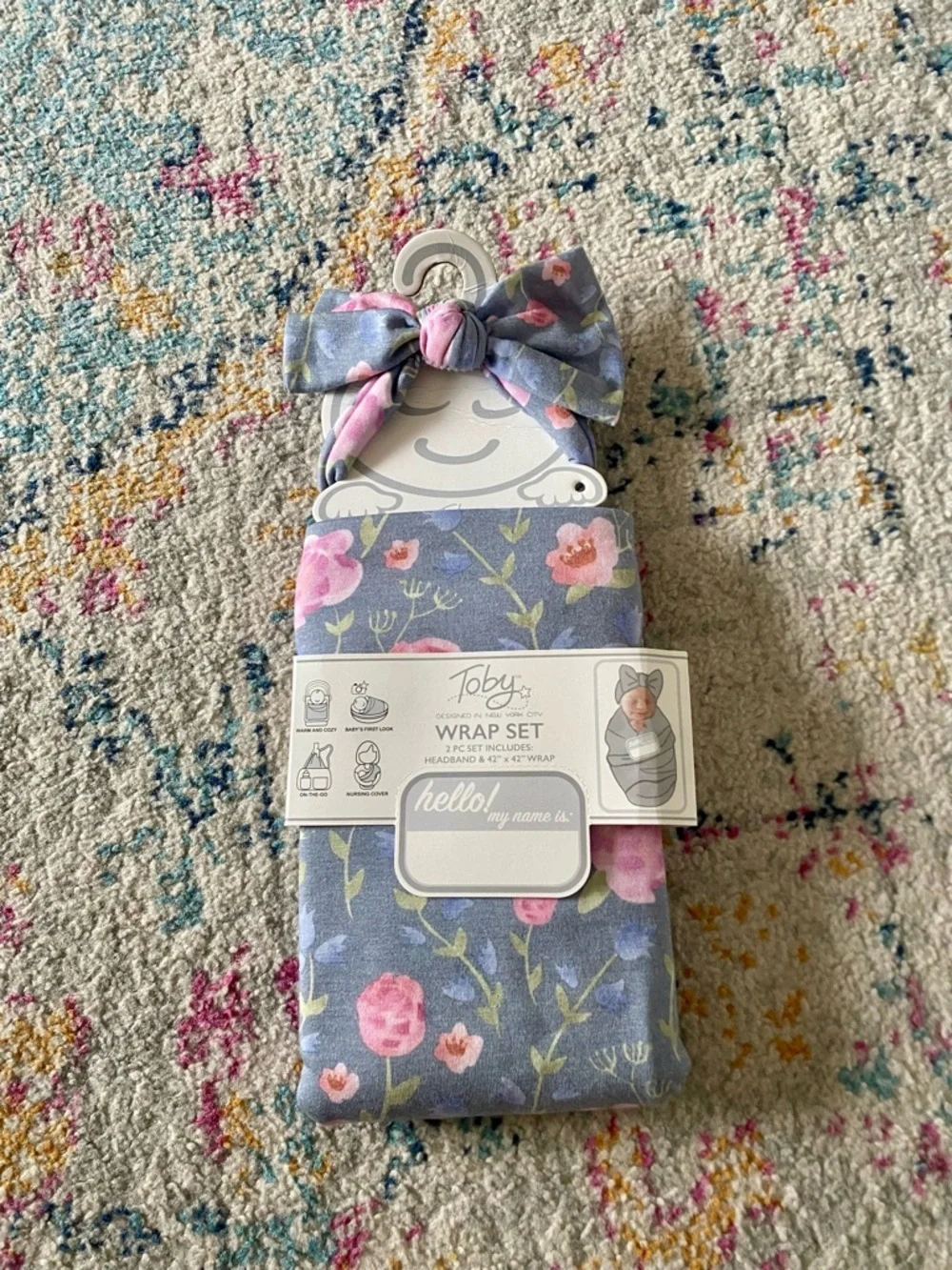 Toby Swaddle 2 Piece Blanket Wrap and Bow Headband Set Pink Blue One Size